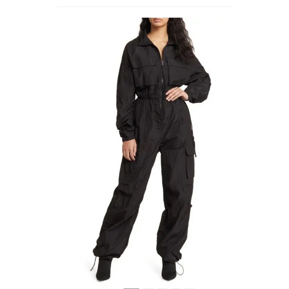 Naked Wardrobe Utility Cargo Jumpsuit Women S Black Excellent Mock Neck Nylon